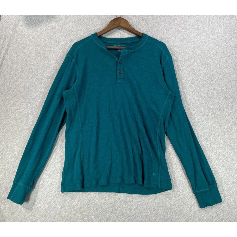 American Eagle Outfitters Shirt Mens Medium Teal Cotton Standard Fit Henley Neck